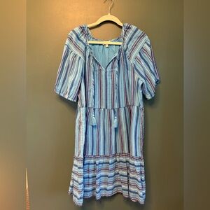 Wonderly Blue Striped Tiered Tasseled Boho Dress size L GUC